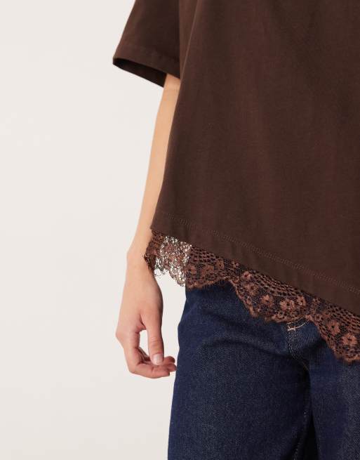 ASOS DESIGN asymmetric oversized tee with lace trim detail in chocolate, 4 of 4