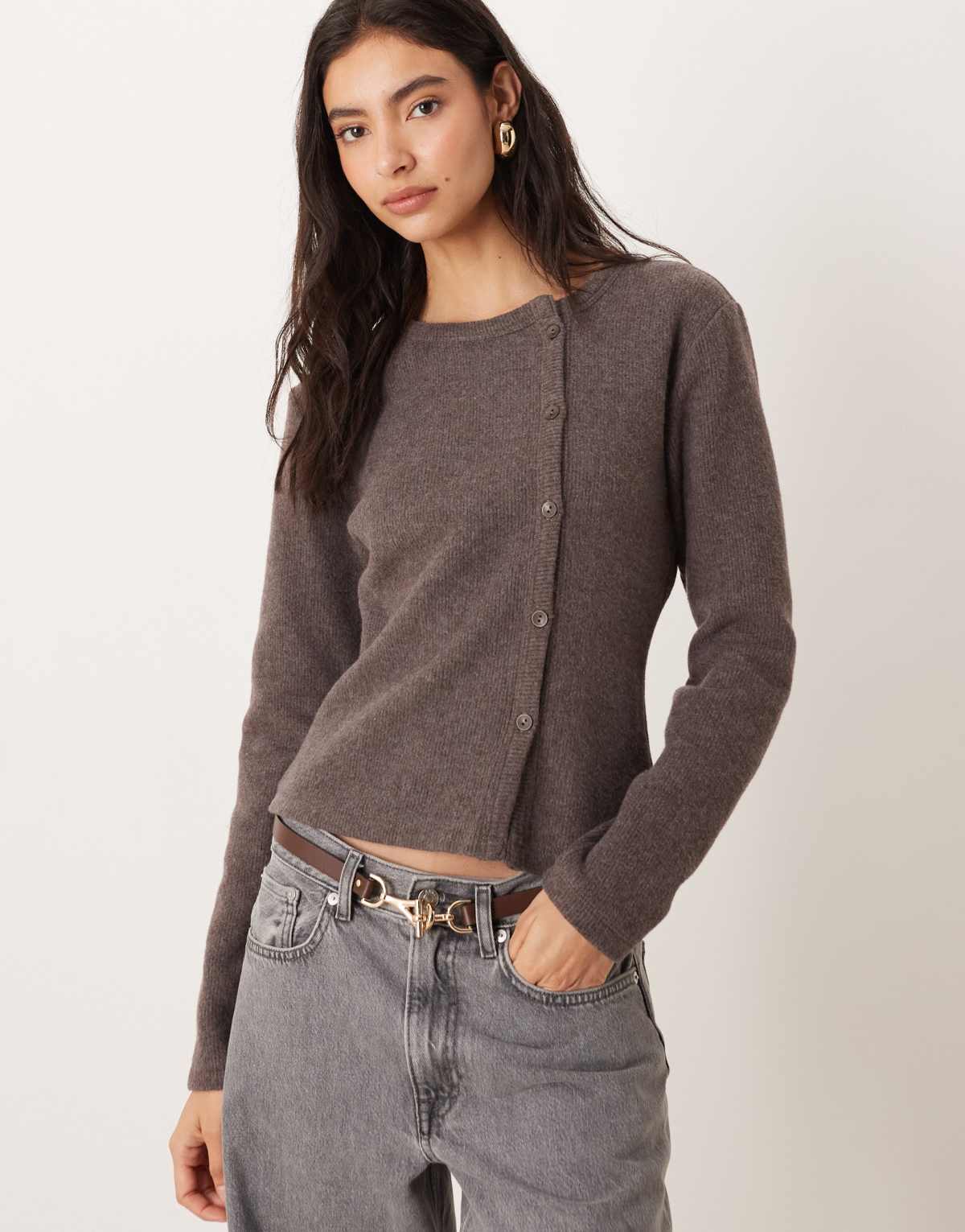 DESIGN asymmetric placket button up super soft top in brown