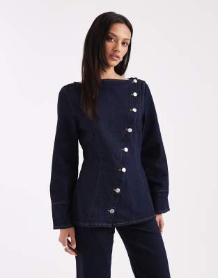 Asos Design Asymmetric Placket Denim Shirt In Blue