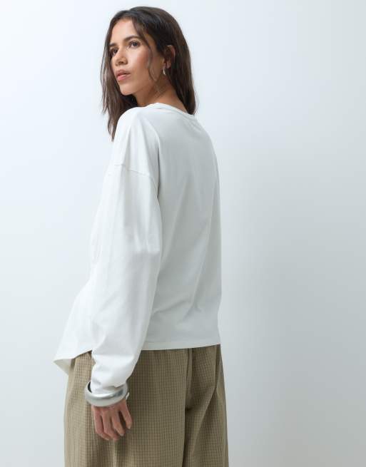 ASOS DESIGN asymmetric pleated detail long sleeve t-shirt in white, 4 of 5