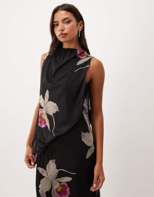 ASOS DESIGN asymmetric printed mesh blouson maxi dress with grown on neck in black floral, 2 of 4