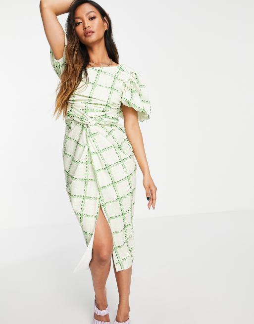 ASOS DESIGN asymmetric puff sleeve knot tuck midi dress in check print