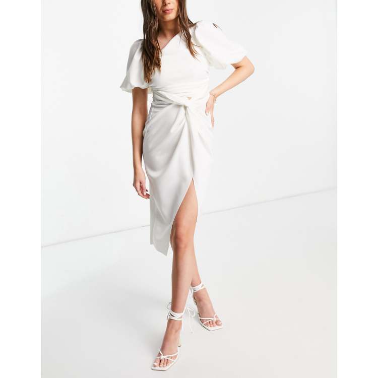 ASOS DESIGN asymmetric puff sleeve knot tuck midi dress in ivory | ASOS