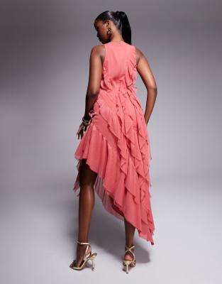Asos Design Asymmetric Racer Neckline Ruffle Midaxi Dress With Hi Low Hem