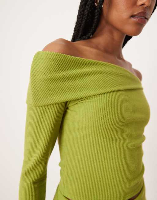 ASOS DESIGN asymmetric rib knit off the shoulder top in green - part of a set, 2 of 4