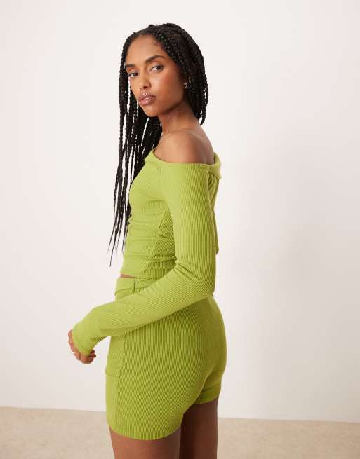 ASOS DESIGN asymmetric rib knit off the shoulder top in green - part of a set, 4 of 4