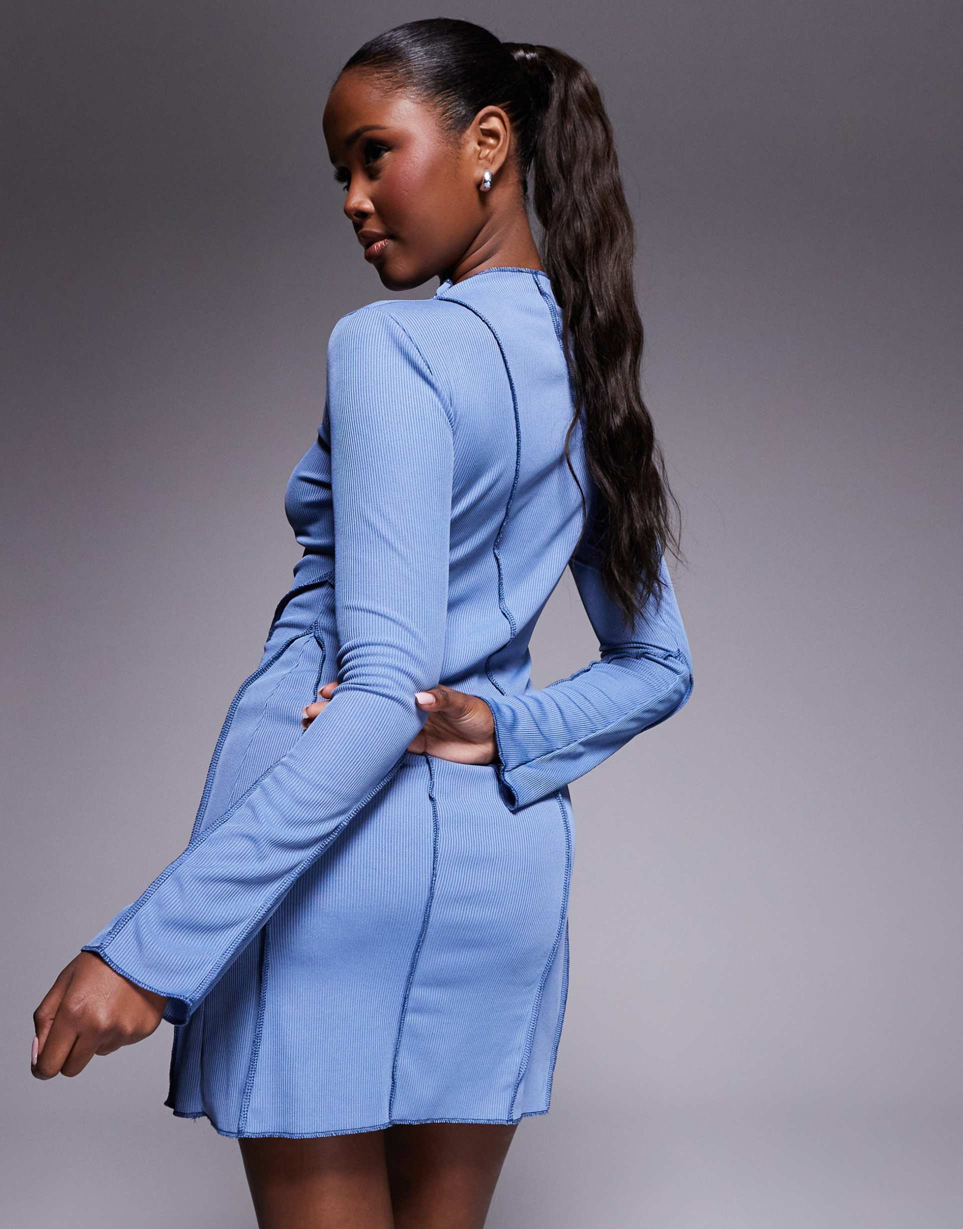 asos design asymmetric ribbed mini dress in blue