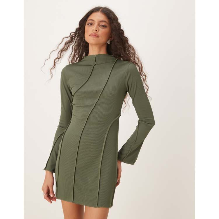 asos green asymmetric dress DESIGN ribbed mini in Size:0 USA Featuring a plunge neck TRAIN Line & Dot Arlo