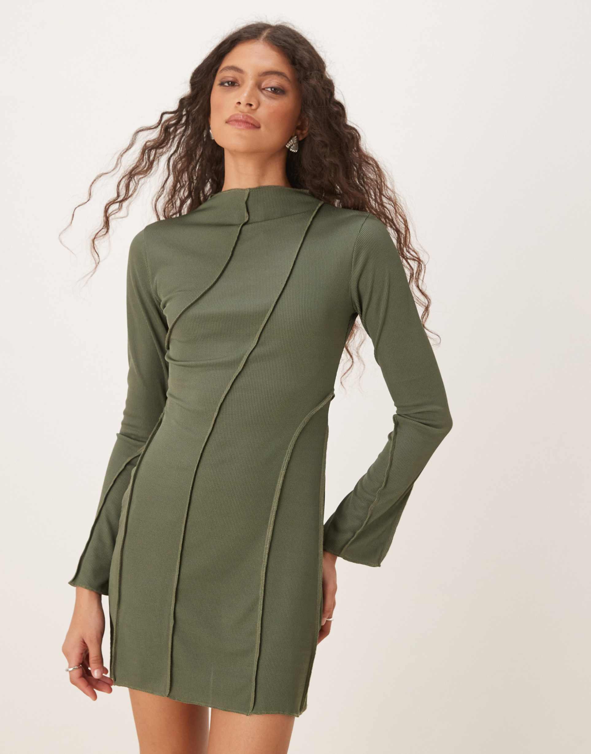 asos design asymmetric ribbed mini dress in green