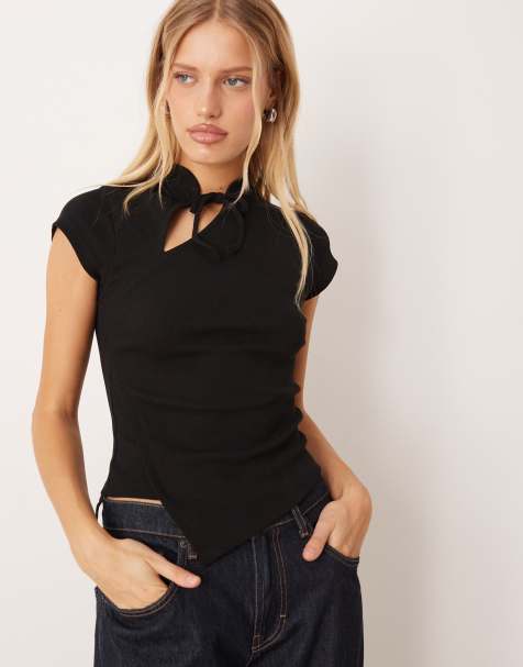 ASOS DESIGN asymmetric rouleau tie top in black - view 1