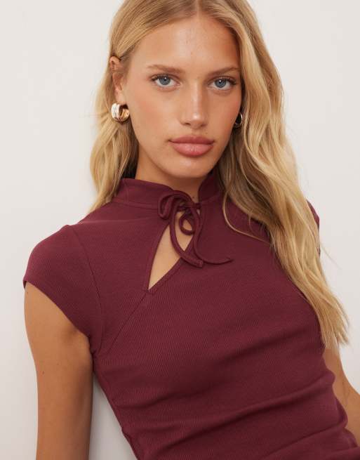 ASOS DESIGN asymmetric rouleau tie top in burgundy