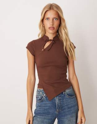 Asos Design Asymmetric Rouleau Tie Top In Brown