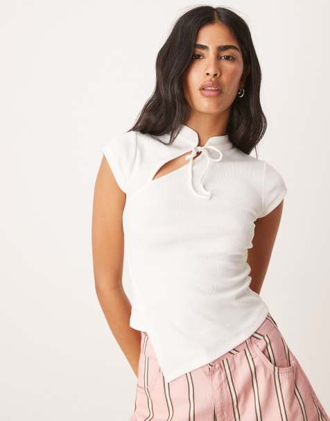 ASOS DESIGN asymmetric rouleau tie top in ivory - view 1