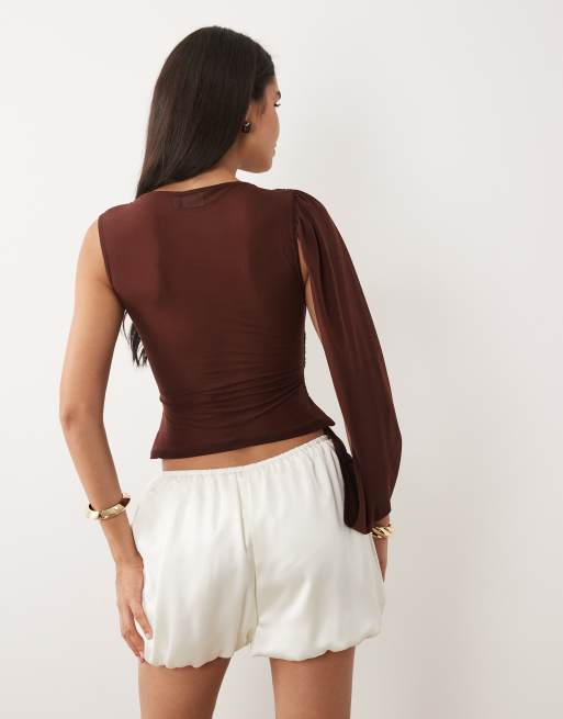 ASOS DESIGN asymmetric ruched cape sleeve top in brown, 4 of 4