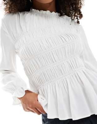 asos design asymmetric ruched detail long sleeve top in cream