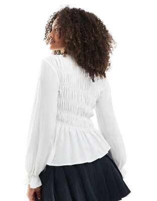 asos design asymmetric ruched detail long sleeve top in cream