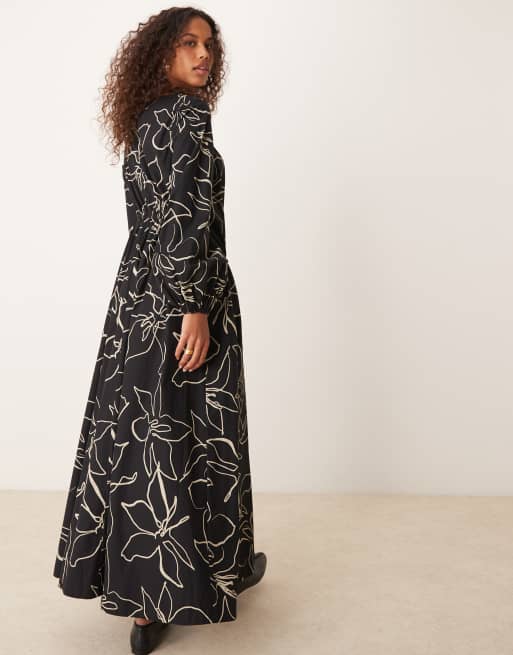 ASOS DESIGN asymmetric ruched maxi dress in black squiggle floral , 3 of 4