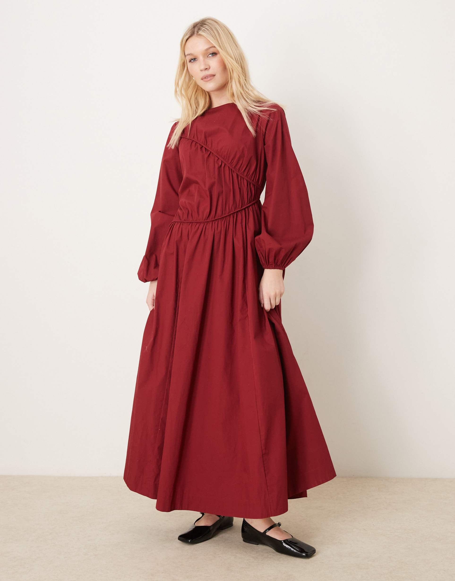 asos design asymmetric ruched maxi dress in burgundy