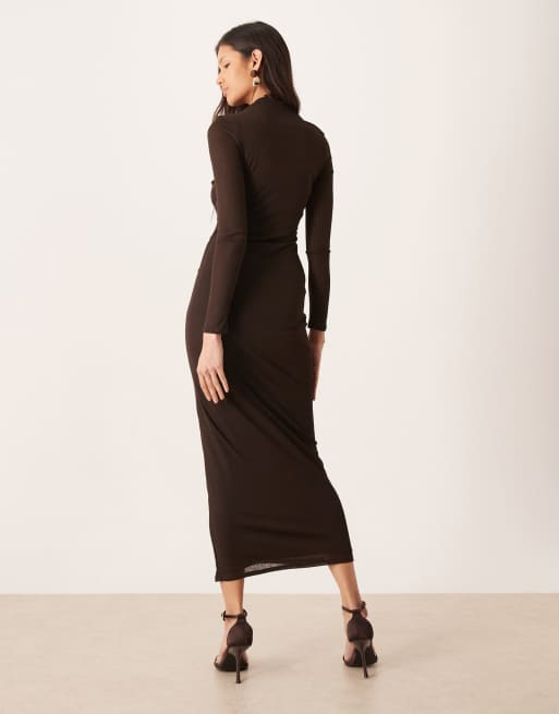 ASOS DESIGN asymmetric ruched midi dress in chocolate, 2 of 4