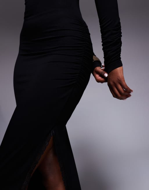 ASOS DESIGN asymmetric ruched shoulder maxi dress with lace trim in black