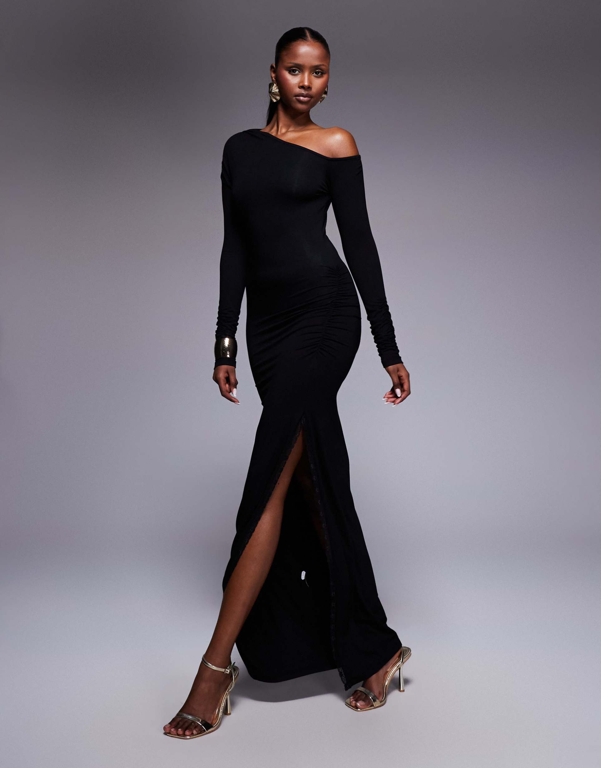 asos design asymmetric ruched shoulder midi dress with lace trim in black