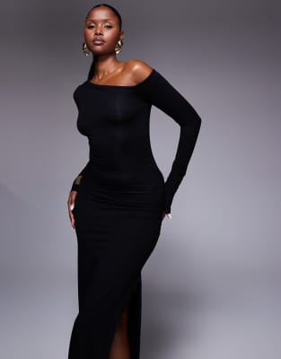 Asos Design Asymmetric Ruched Shoulder Midi Dress With Lace Trim In Black