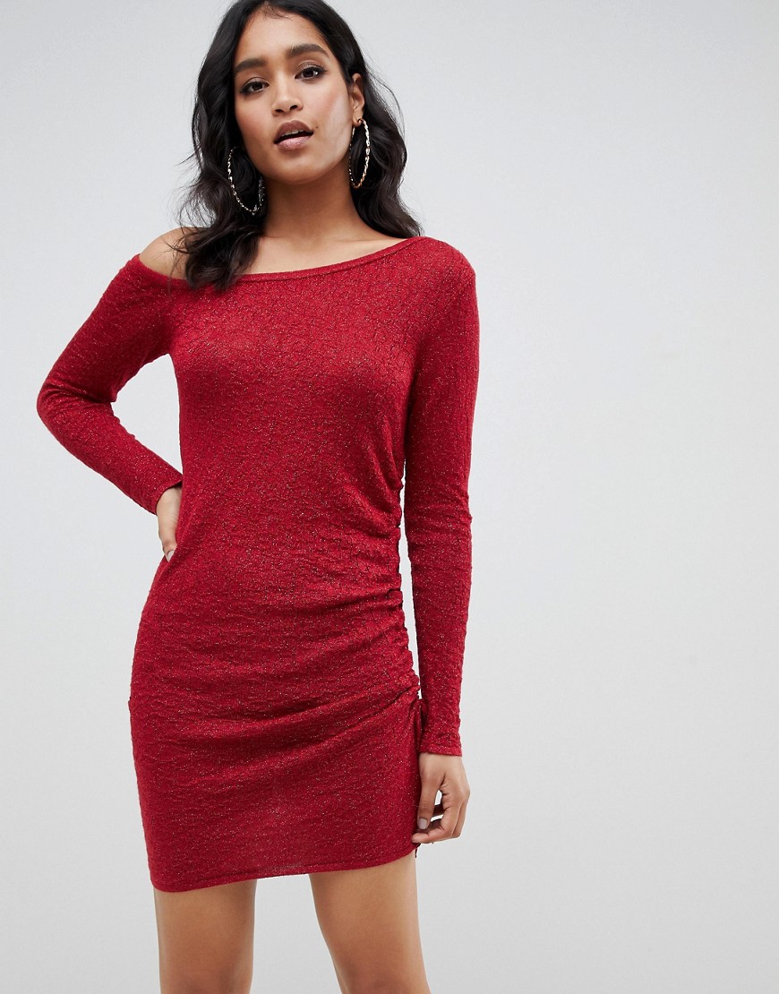 ASOS DESIGN asymmetric ruched side knitted mini dress-Red