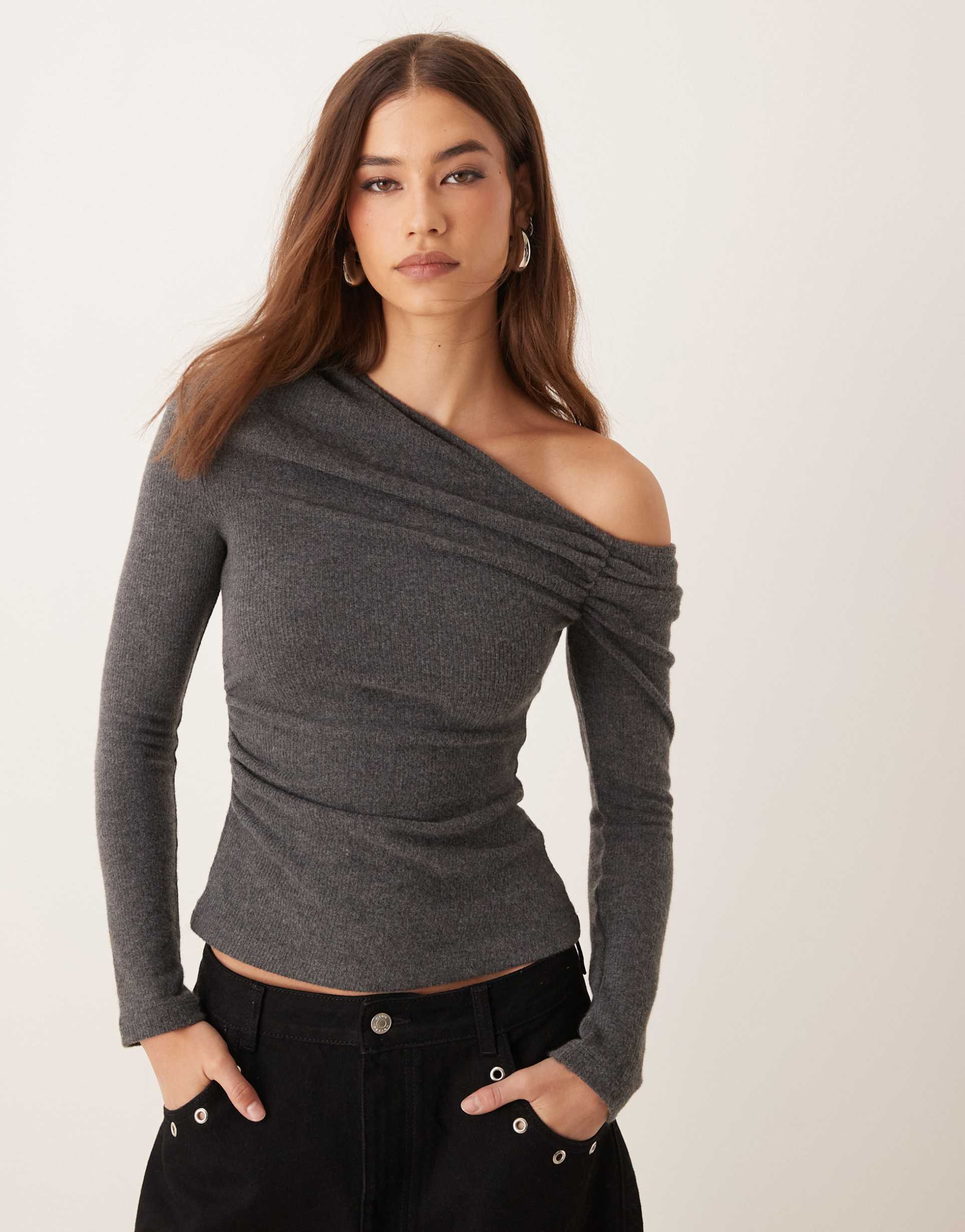 asos design asymmetric ruched supersoft top in gray