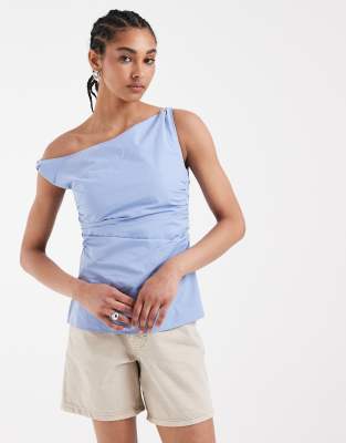 Asos Design Asymmetric Ruched Top In Blue