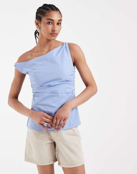 ASOS DESIGN asymmetric ruched top in blue - view 1
