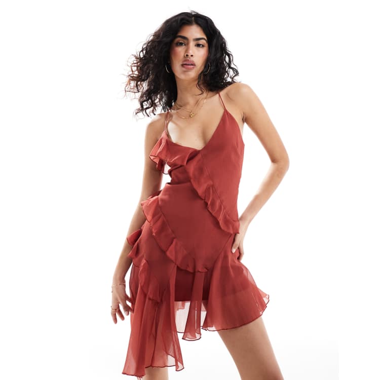 red asymmetrical ruffle dress Yvette Slip Maxi Dress With Asymmetrical Hem