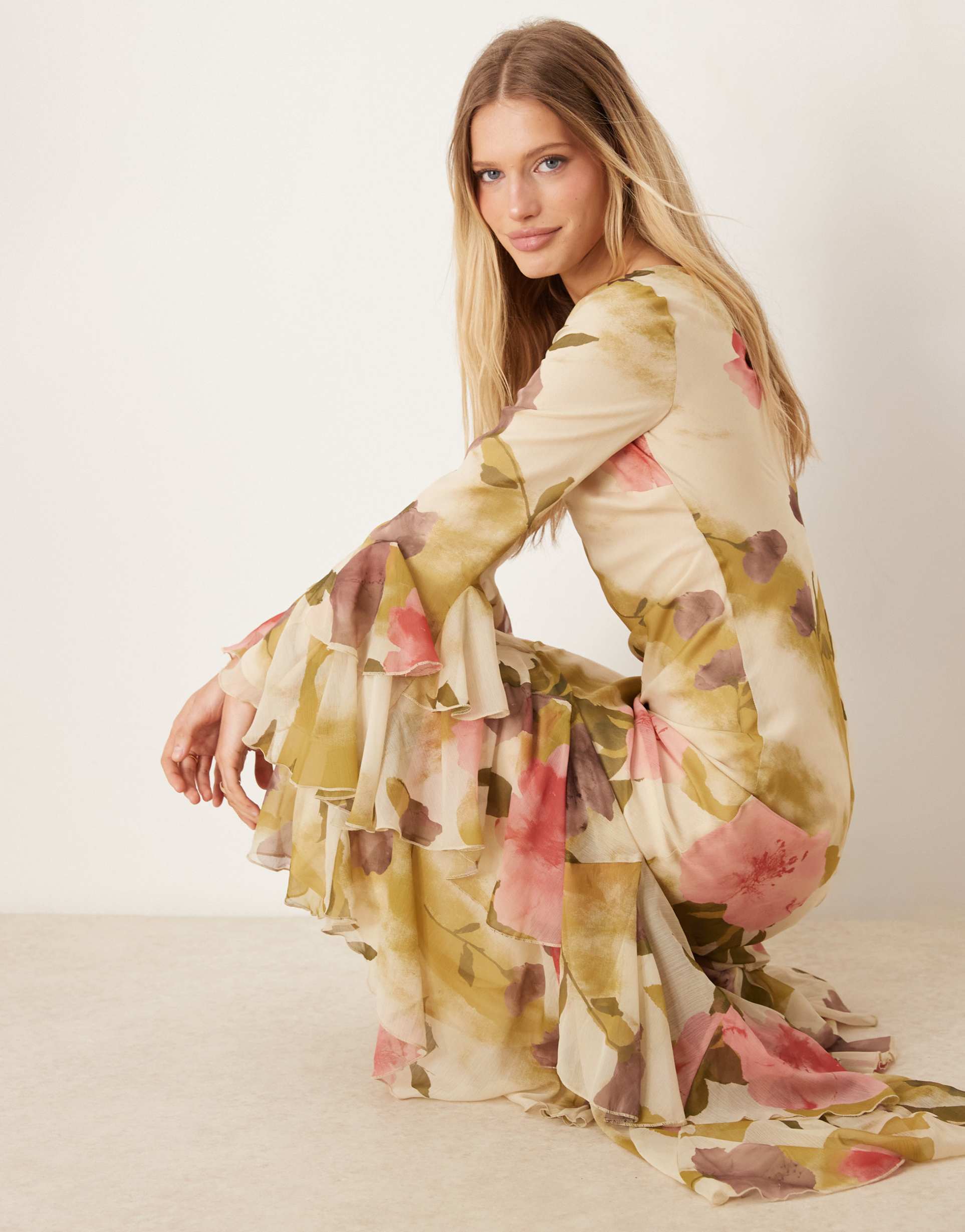 asos design asymmetric ruffle hem bias cut maxi dress in bold floral print