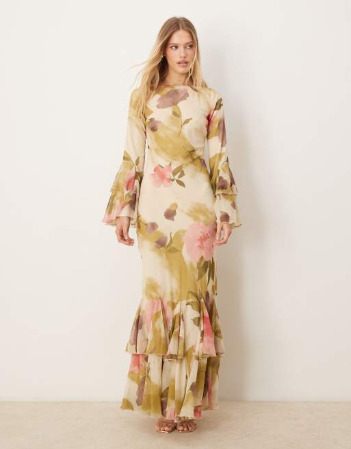 ASOS DESIGN assymetric ruffle hem bias maxi dress in bold floral print