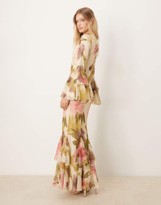 ASOS DESIGN assymetric ruffle hem bias maxi dress in bold floral print