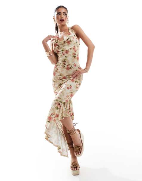 ASOS DESIGN asymmetric ruffle hem maxi dress with tie back in tapestry floral print - view 1