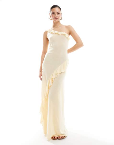 ASOS DESIGN asymmetric ruffle knit maxi dress in buttermilk - view 1