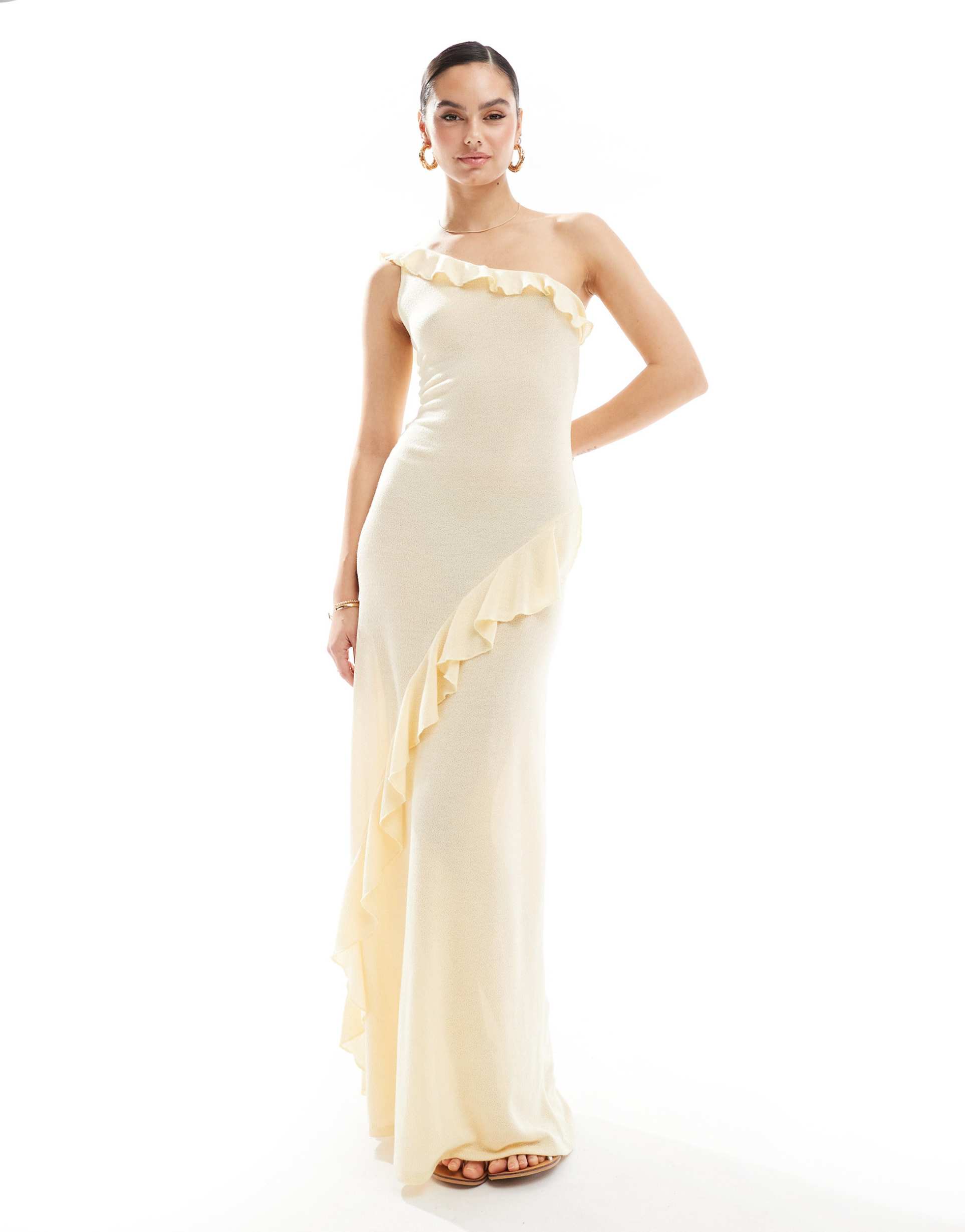 asos design asymmetric ruffle knit maxi dress in buttermilk
