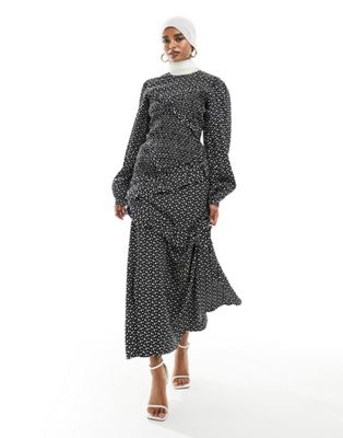 ASOS DESIGN asymmetric ruffle maxi dress with shirring detail in spot print