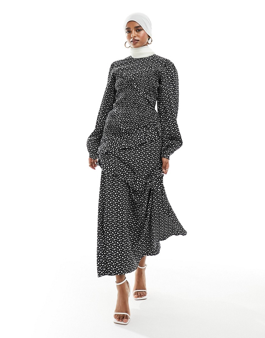ASOS DESIGN asymmetric ruffle maxi dress with shirring detail in spot print-Multi