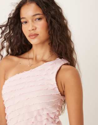 Asos Design Asymmetric Ruffle One-shoulder Top In Pink