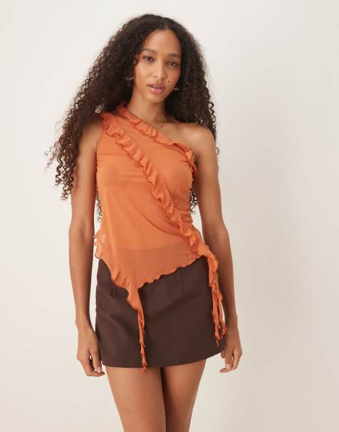 ASOS DESIGN asymmetric ruffle one shoulder top in rust - view 1