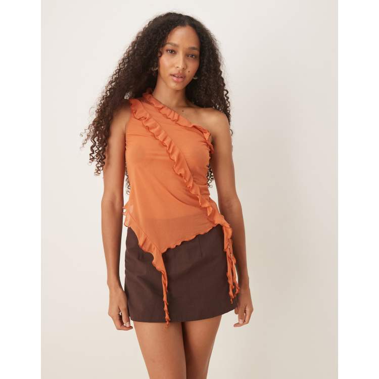 ASOS DESIGN asymmetric ruffle one shoulder top in rust | ASOS