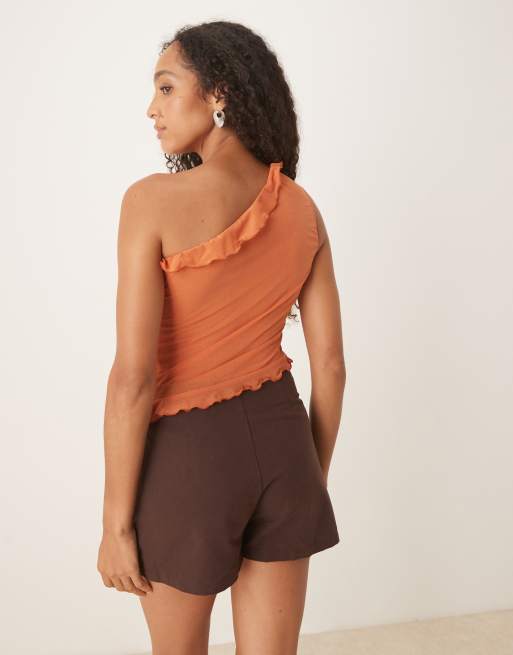 ASOS DESIGN asymmetric ruffle one shoulder top in rust | ASOS