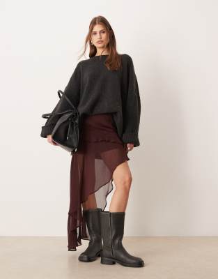 Asos Design Asymmetric Ruffle Skirt In Brown