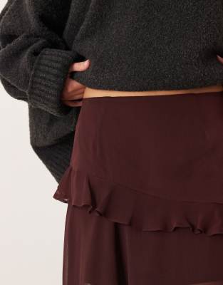 Asos Design Asymmetric Ruffle Skirt In Brown