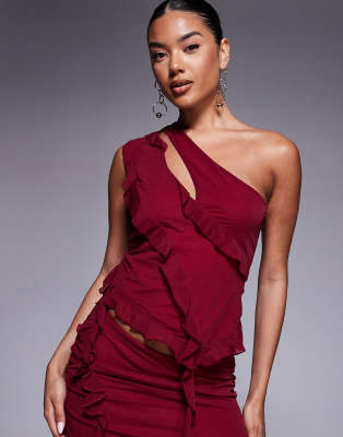 Asos Design Asymmetric Ruffle Top With Cut Out In Burgundy