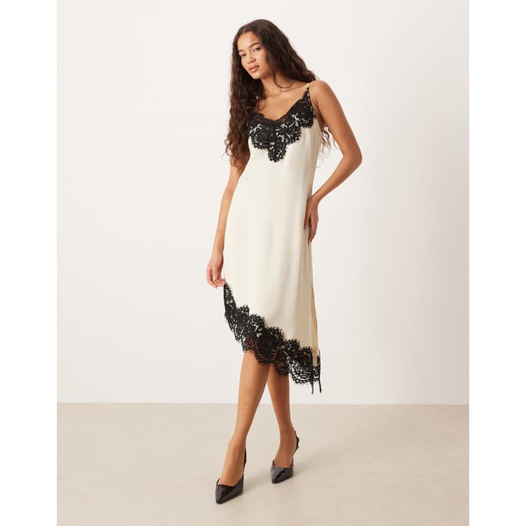 ASOS Design Asymmetric Satin Cami Midi Dress in Cream with Black lace-White