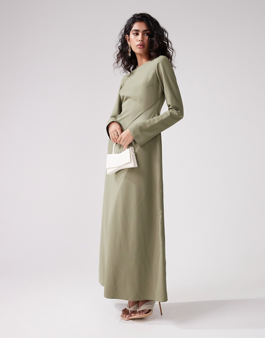 ASOS DESIGN asymmetric satin detail maxi dress in khaki-Green