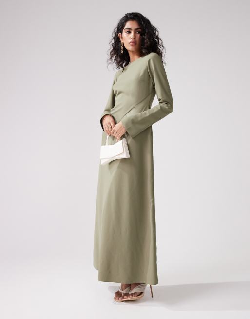 ASOS DESIGN asymmetric satin detail maxi dress in khaki