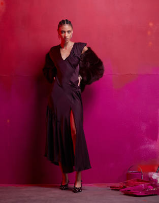 asymmetric satin dress with ruffle detail in dark purple